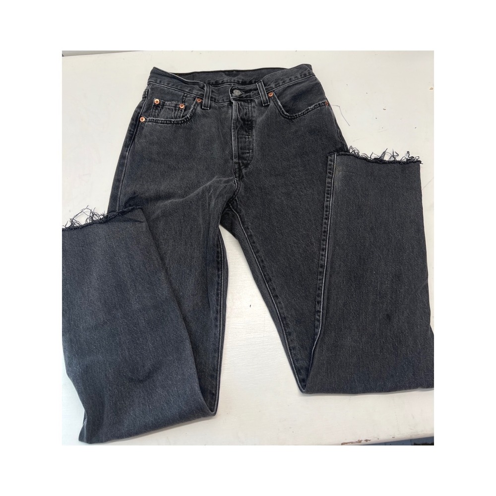 Levis 501 Original Fit Straight Leg Jeans Washed Black Raw Hem 27